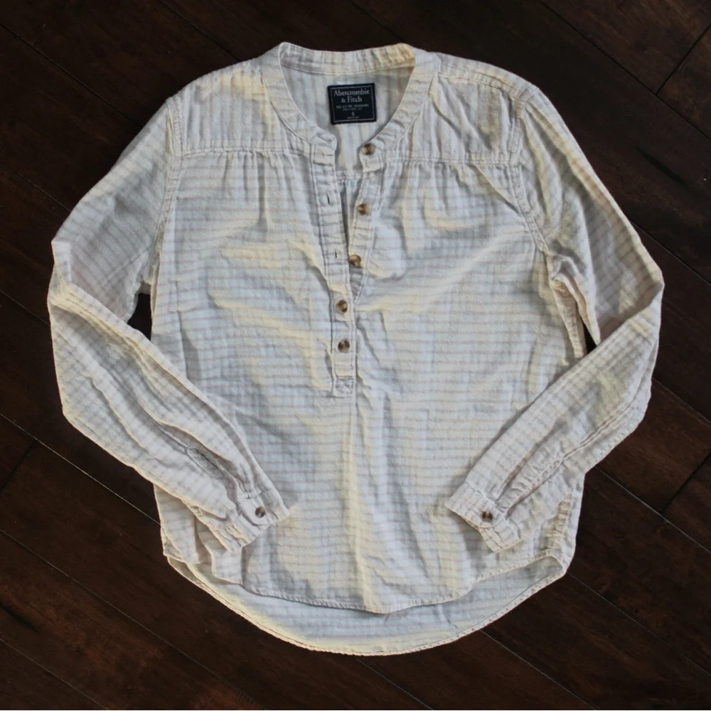 ABERCROMBIE & FITCH Collarless Pink Striped Cotton Button-Down Shirt - Picture 1 of 4